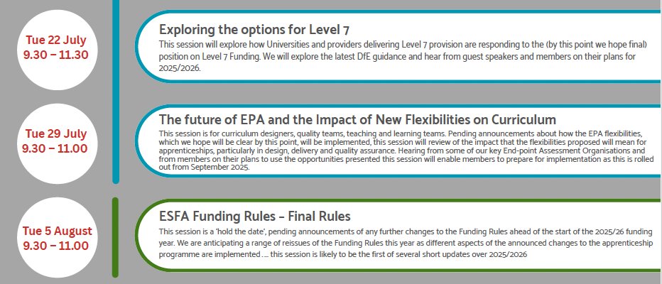 We have 3 more webinars in our summer prog. Designed for members to share experiences, raise questions &amp; stay updated with the latest in good practice

Exploring the options for L7
The future of EPA &amp; the Impact of New Flexibilities on Curriculum
ESFA Funding Rules – Final Rules