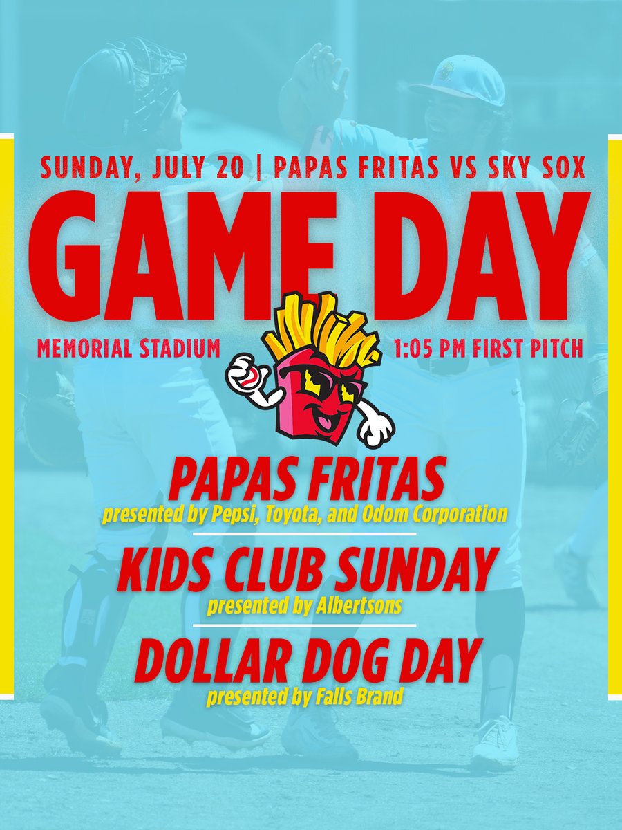 GAME DAY🍟

It's a Papas Fritas GAME DAY, thanks to Pepsi, Toyota, and The Odom Corporation!

We also have:
🎉 Kids Club Sunday presented by Albertsons
🌭 Dollar Dog Day presented by Falls Brand

Gates open at 12:15PM with a 1:05PM first pitch!

🎟️➡️ bit.ly/HawksJuly20-20…