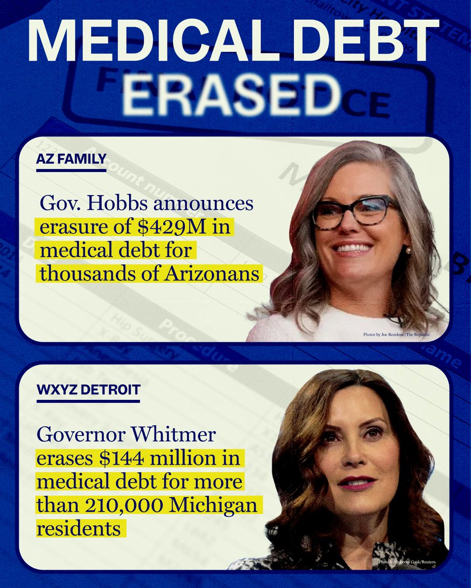 DemGovs's tweet image. From Arizona to Michigan, Dem Govs are working hard to relieve the burden of skyrocketing medical debt 🙌