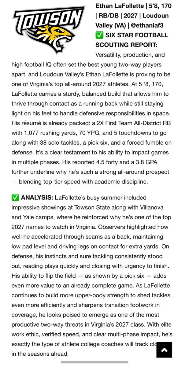 Ethan LaFollette (@ethanlaf3) on Twitter photo Thankful to be named a Top Offensive Player by <a href="/sixstarfootball/">Six Star Football | PLUS+</a> at the <a href="/Towson_FB/">Towson Football</a> Shinnick Football Camp. Big things coming this Junior season!
<a href="/PeteShinnick/">Pete Shinnick</a> <a href="/CoachHRichards/">Harry Richards</a> <a href="/PrepRedzoneVA/">Prep Redzone Virginia</a> <a href="/FootballMonst3r/">DMV Football Monster</a> <a href="/DmvSportsLive6/">DmvSports</a> <a href="/UltraPreps/">UltraPreps</a> <a href="/FTRreport/">Fast Track Recruits</a> <a href="/EdOBrienCFB/">EdOBrienCFB</a> <a href="/WillVapreps/">Will Vapreps Garlick</a> Thankful to be named a Top Offensive Player by <a href="/sixstarfootball/">Six Star Football | PLUS+</a> at the <a href="/Towson_FB/">Towson Football</a> Shinnick Football Camp. Big things coming this Junior season!
<a href="/PeteShinnick/">Pete Shinnick</a> <a href="/CoachHRichards/">Harry Richards</a> <a href="/PrepRedzoneVA/">Prep Redzone Virginia</a> <a href="/FootballMonst3r/">DMV Football Monster</a> <a href="/DmvSportsLive6/">DmvSports</a> <a href="/UltraPreps/">UltraPreps</a> <a href="/FTRreport/">Fast Track Recruits</a> <a href="/EdOBrienCFB/">EdOBrienCFB</a> <a href="/WillVapreps/">Will Vapreps Garlick</a>