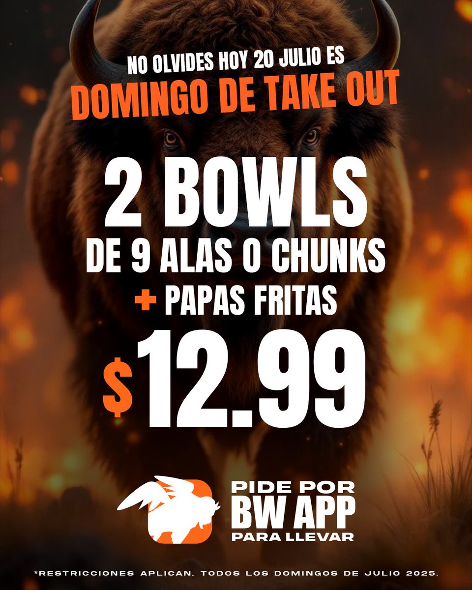 Los Domingos son de TAKE OUT: Dos bowls de 9 alas ó chunks + papas fritas $12.99 al pedir únicamente a través de nuestra APP 📲 Aplica desde las 11:30am.

*Válido Domingo 20 de julio 2025.