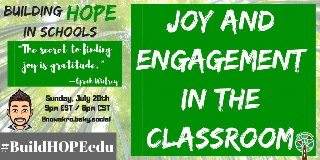 Join us tonight, Sunday, July 20th @ 9pm EST/8pm CST on #BlueSky for our weekly #BuildHOPEedu chat. 

Tonight we talk about Joy and Engagement in the Classroom. 
It all begins with us. 

#CodeBreaker #sunchat #EduSky #education #learning #LeadLAP #community #tlap #teachpos #joy