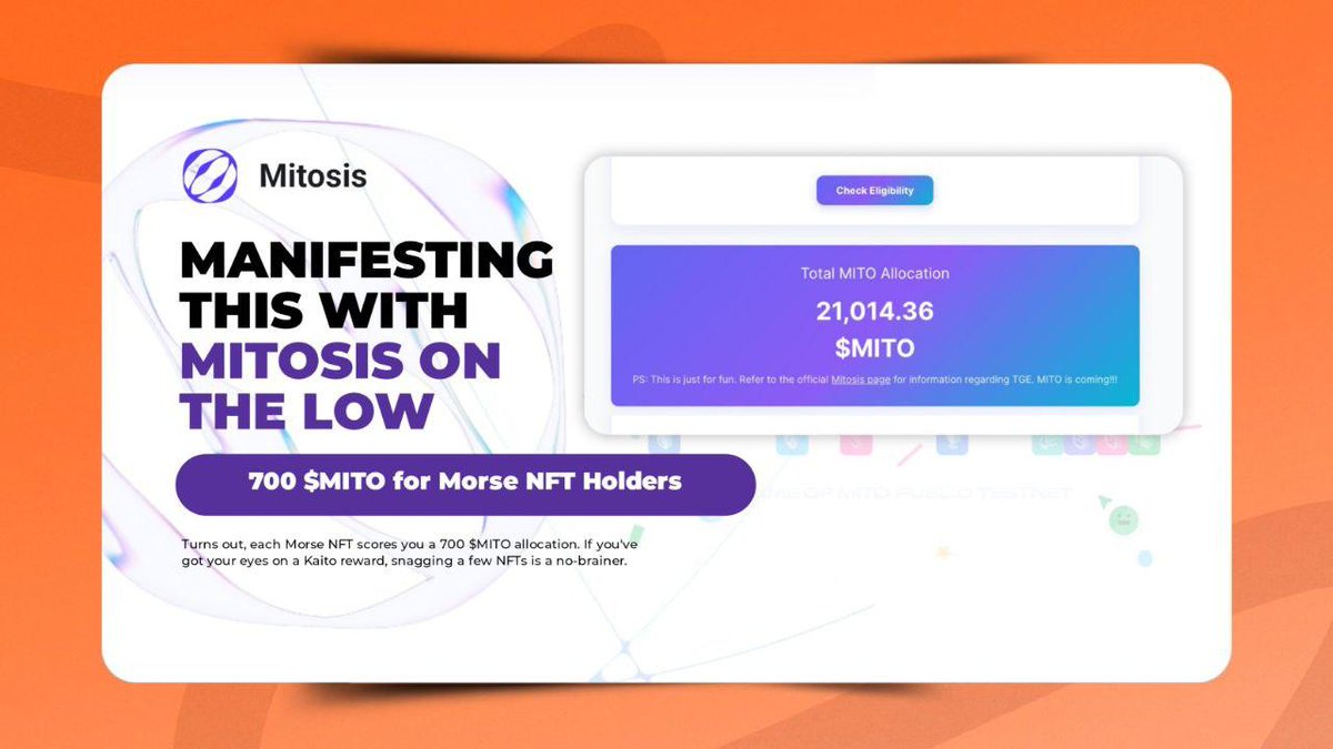 Abrahamchase09's tweet image. Okay, manifesting this with @MitosisOrg on the low!
Looks like @0x_degengod whipped up this @MitosisOrg checker a few weeks ago just for kicks.
I tried it out by adding my address, which holds some @Morse_404 NFTs , participated in the testnet and expedition campaign.
Turns…