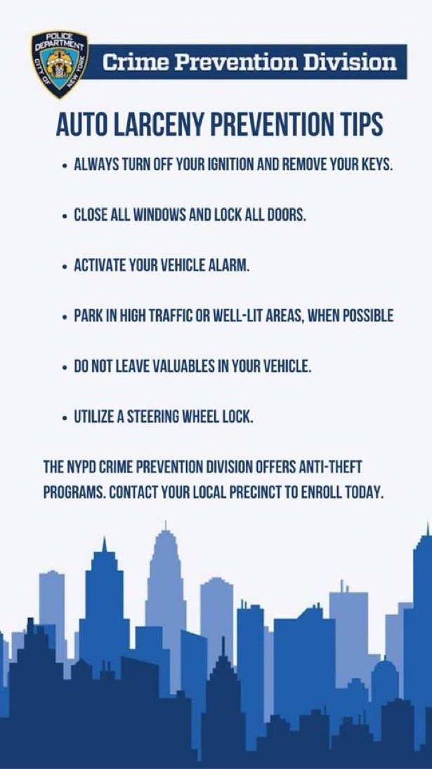 NYPD104Pct's tweet image. Keep your vehicles safe by following these #CrimePrevention tips!
🔒Always lock and secure your vehicle
🔑Never leave the keys in the ignition when you exit the vehicle
❌Do not leave valuable properties in your vehicle such as your phones 📱or shopping bags👜
