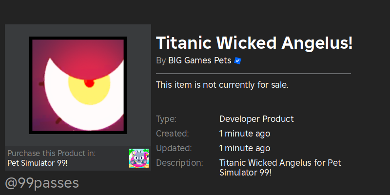 🚨 New Developer Product Detected! 🚨
Name: Titanic Wicked Angelus!
Price: N/A Robux
Link: roblox.com/developer-prod…