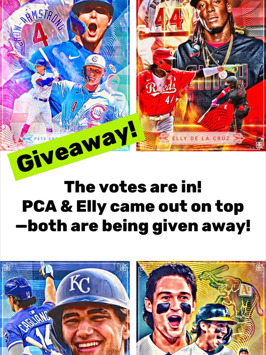 nickstarnart's tweet image. 🚨 ⚾️ GIVEAWAY!
Top 2 fan-voted cards:
1.Pete Crow-Armstrong
2.Elly De La Cruz
I’m giving away both—one winner for each card. Two winners total!
TO ENTER:
✅ Like
✅ Follow
✅ Reply with your pick: Pete or Elly
Winners announced tomorrow!
(Jacob & Jack fans—let’s talk 👀)