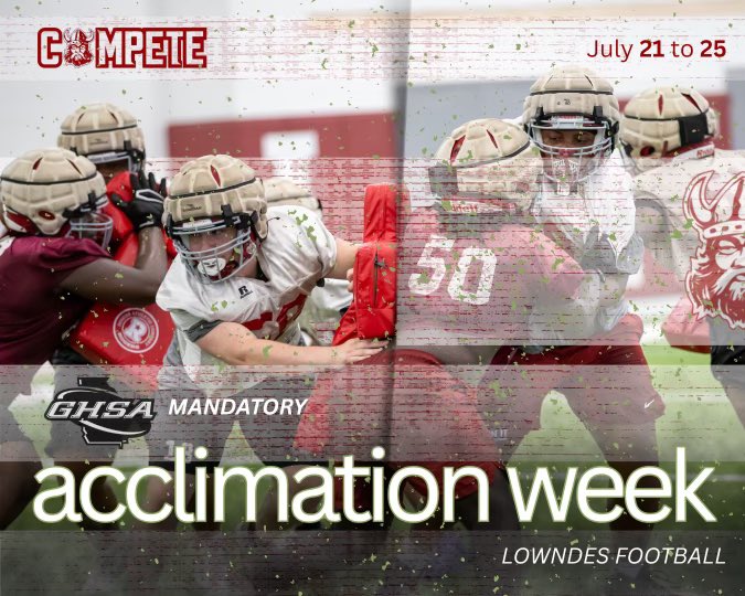 Lowndes Football (@lhsvikingsfb) on Twitter photo Monday kicks off Acclimation week for our athletes! The schedule stays the same except we are adding Friday back. 
🍳Breakfast 7:30-7:50 AM 
🏈9th grade pickup 11:30 AM 
🛡️10-12th pickup  11:45-12pm
Please make sure your athletes are hydrating TODAY! 
#COMPETE
#EARNit
#GCL Monday kicks off Acclimation week for our athletes! The schedule stays the same except we are adding Friday back. 
🍳Breakfast 7:30-7:50 AM 
🏈9th grade pickup 11:30 AM 
🛡️10-12th pickup  11:45-12pm
Please make sure your athletes are hydrating TODAY! 
#COMPETE
#EARNit
#GCL