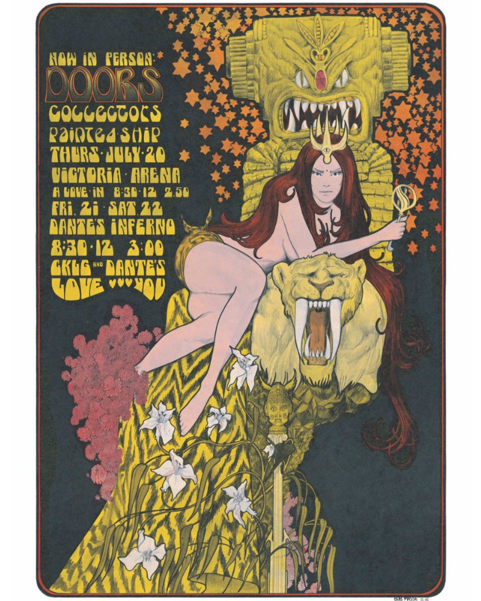TheDoors's tweet image. To celebrate The Doors’ legendary run in British Columbia, Canada from July 20 to 22, 1967, which included a night at Victoria Memorial Arena and two nights at Dante’s Inferno, we’re releasing a limited-edition fine-art print of the original concert poster, designed by renowned…