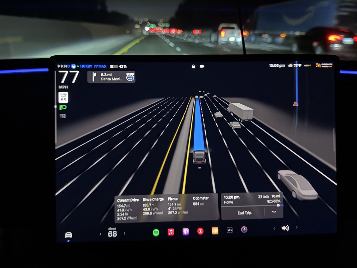BLKMDL3's tweet image. 171 miles, zero disengagements.
Really great performance on FSD v13.2.9 on the drive from Pismo Beach back home to LA last night.
2.5 hours+ without a disengagement through traffic, windy roads and highways.