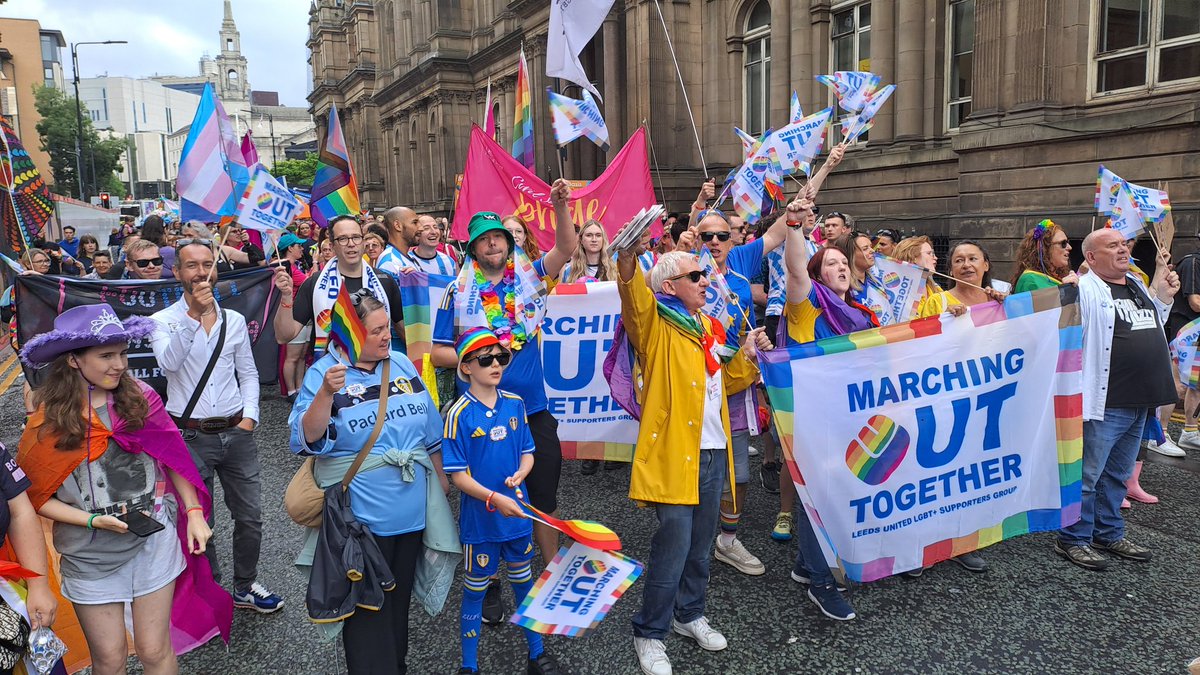 MarchingoutLUFC's tweet photo. Well that was a bit soggy at times but didn't dampen our spirits! Huge thanks to everyone who marched out with us, cheered us, and stopped by our stall - we really appreciate it 🤗🏳️‍🌈⚽️🏳️‍⚧️🥳 https://t.co/TSyOgWS5Qd