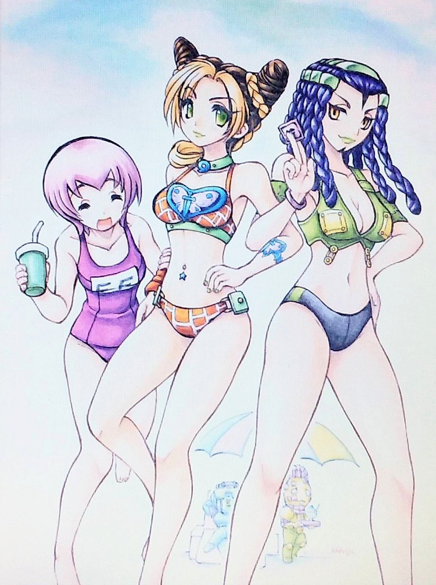 poporoyama's tweet image. 海の日なので過去絵ですが水着のイラストを載せます。
ジョジョ第6部の3人を本編の服装を水着アレンジして描きましたー。
#海の日 #ジョジョの奇妙な冒険
