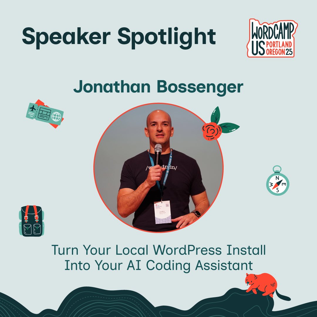 WordCampUS's tweet image. Speaker Spotlight:
Jonathan Bossenger, presenting Turning Your Local WordPress Install Into Your AI Coding Assistant. @jon_bossenger
us.wordcamp.org/2025/speaker/j…
#WordCamp #WordPress #WCUS #Portland