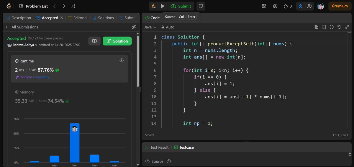 ReniwalAditya's tweet image. Day 18/90 โ Dev + DSA Grind
๐ DSA:
โ Product of Array Except Self ๐
Learnt an efficient solution with O(n) time and no division โ using prefix & suffix arrays. ๐ฅ
๐ป Dev:
No updates today.
#100DaysOfCode #DSA #CodingGrind #DevJourney #StayConsistent