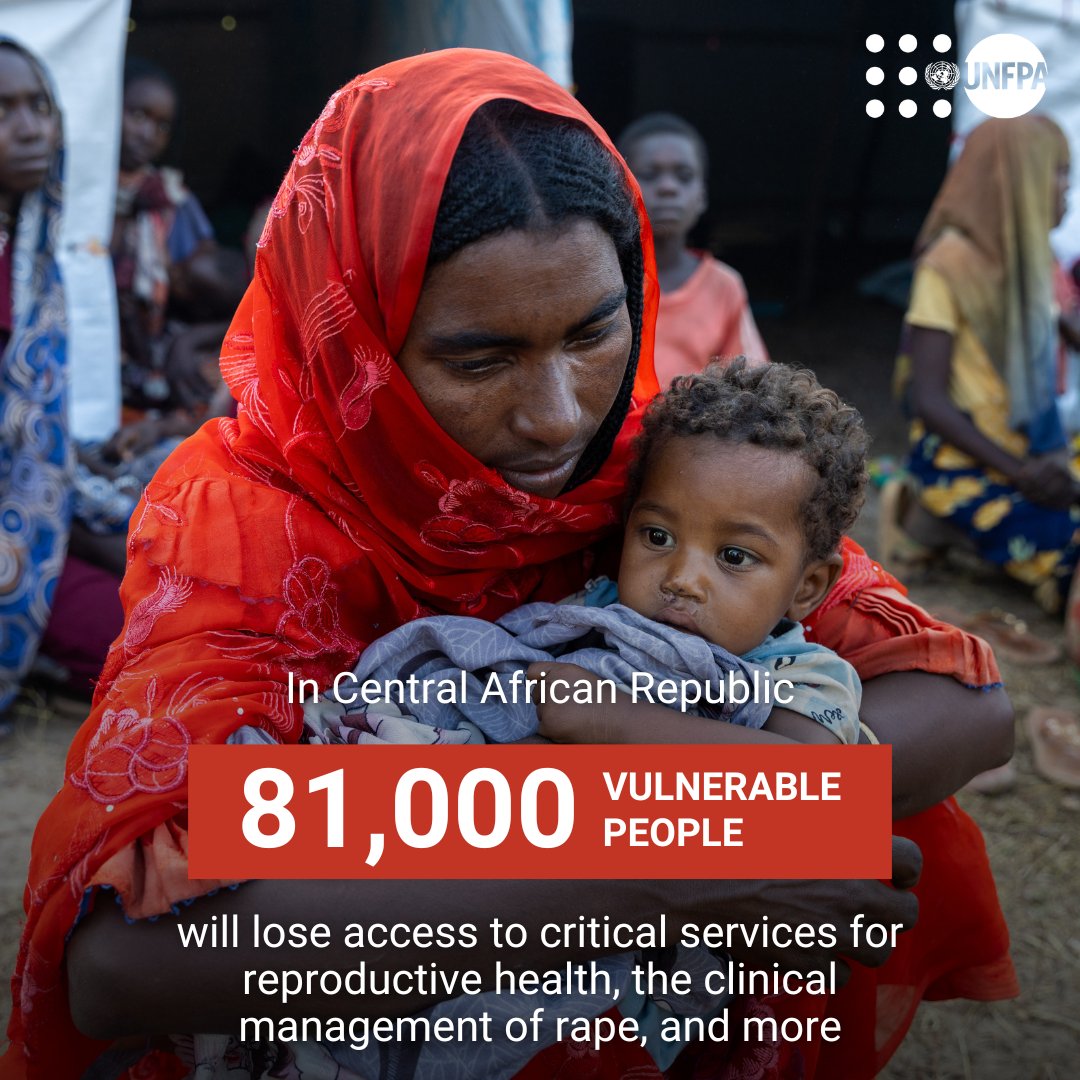 UNFPA's tweet image. ⚠️ Thousands of survivors of rape in #CentralAfricanRepublic could miss out on vital care due to US funding cuts.
Help @UNFPA —the @UN sexual and reproductive health agency—to continue to support them: unf.pa/hud
#InvestInHumanity #FundUNFPA