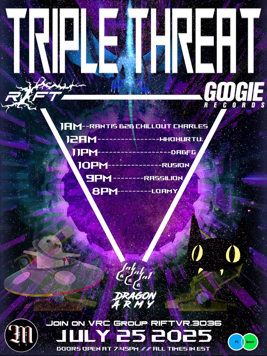 RIFT _VR (@rift_vr_club) on Twitter photo What's this? Another Nexus event??? This time with <a href="/DragonArmyVR/">Dragon Army</a> & <a href="/GoogieRecords/">Googie Records</a>! Join us 7/25 starting at 8PM EST for a stacked 3 way nexus as we jam the night away! Event is PCVR and Android compatible. Dancers provided my <a href="/MinistryPromoVR/">Ministry Promotions</a>. See ya there! What's this? Another Nexus event??? This time with <a href="/DragonArmyVR/">Dragon Army</a> & <a href="/GoogieRecords/">Googie Records</a>! Join us 7/25 starting at 8PM EST for a stacked 3 way nexus as we jam the night away! Event is PCVR and Android compatible. Dancers provided my <a href="/MinistryPromoVR/">Ministry Promotions</a>. See ya there!
