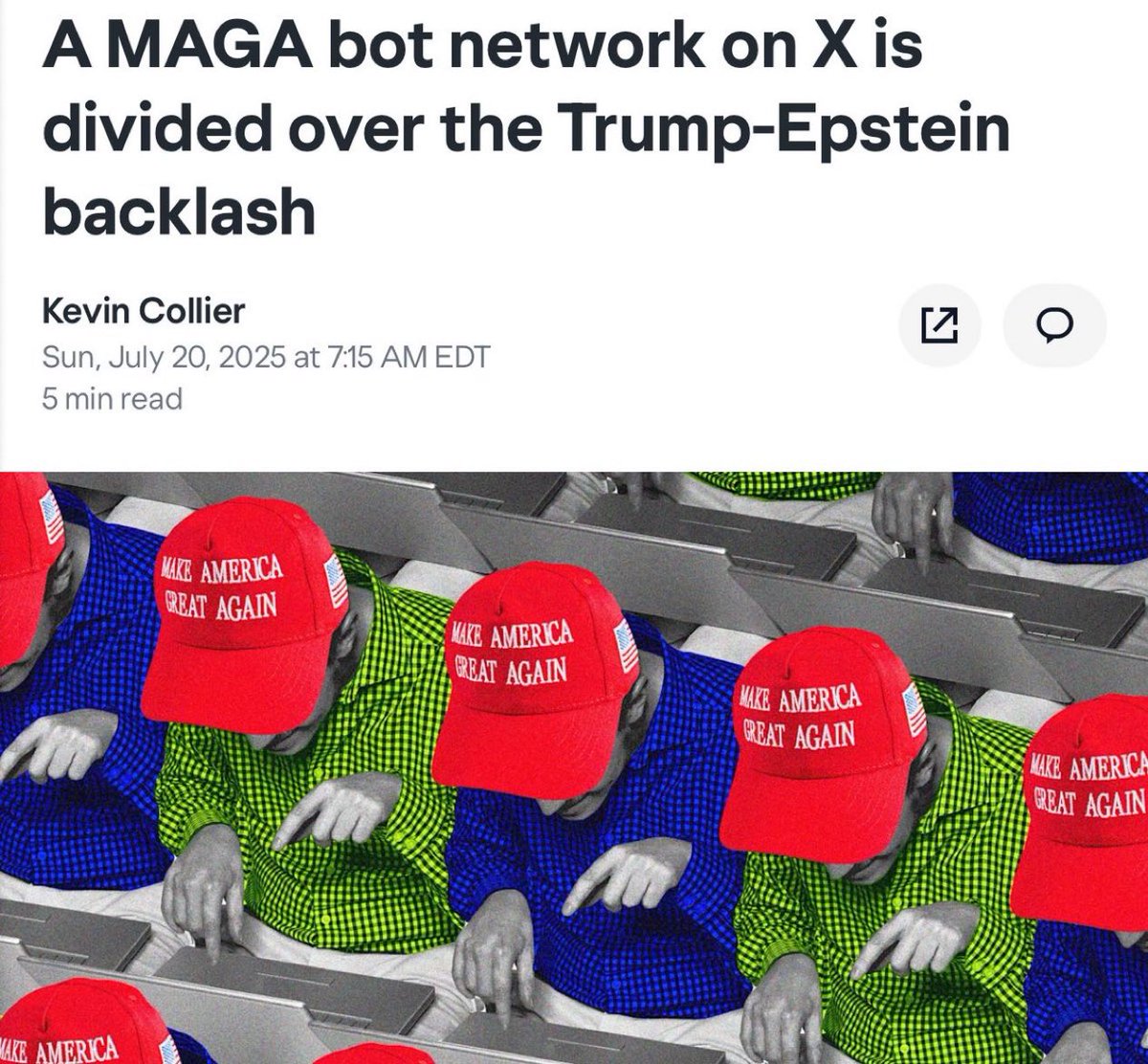 🚨 BREAKING: A MAGA Network of at least 400 bot accounts on X has been discovered by social media analytics company <a href="/real_alethea/">Alethea AI</a> and researchers at <a href="/ClemsonUniv/">Clemson University</a>. 

Accounts are pushing positives about Trump, RFK and Leavitt and really in wake of Epstein Files scandal.