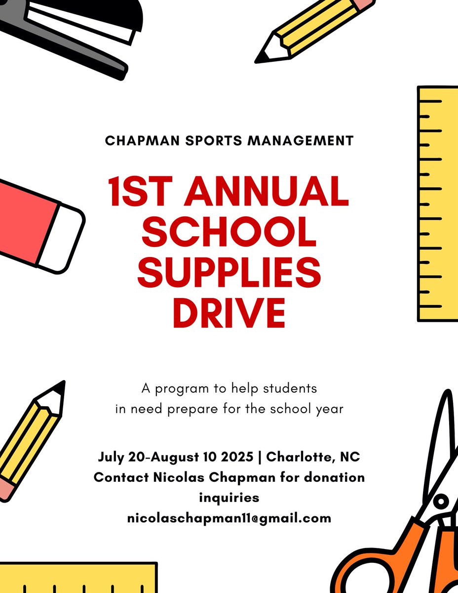 Excited to announce our First Annual School Supply drive! Please reach out to <a href="/nicolas_c24/">Nicolas Chapman</a> with any donations. Anything is appreciated!