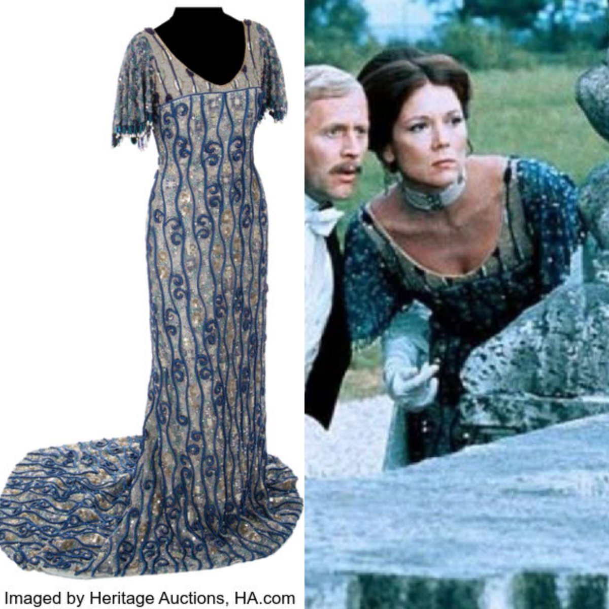 vickyhaddock's tweet image. English actress Dame Diana Rigg was born #OnThisDay in 1938. She wore this Florence Klotz designed Edwardian-style blue and cream satin gown, embellished with sequins, beads, and pearls as Charlotte Mittelheim in A Little Night Music (1977). @HeritageAuction #film #costume #dress