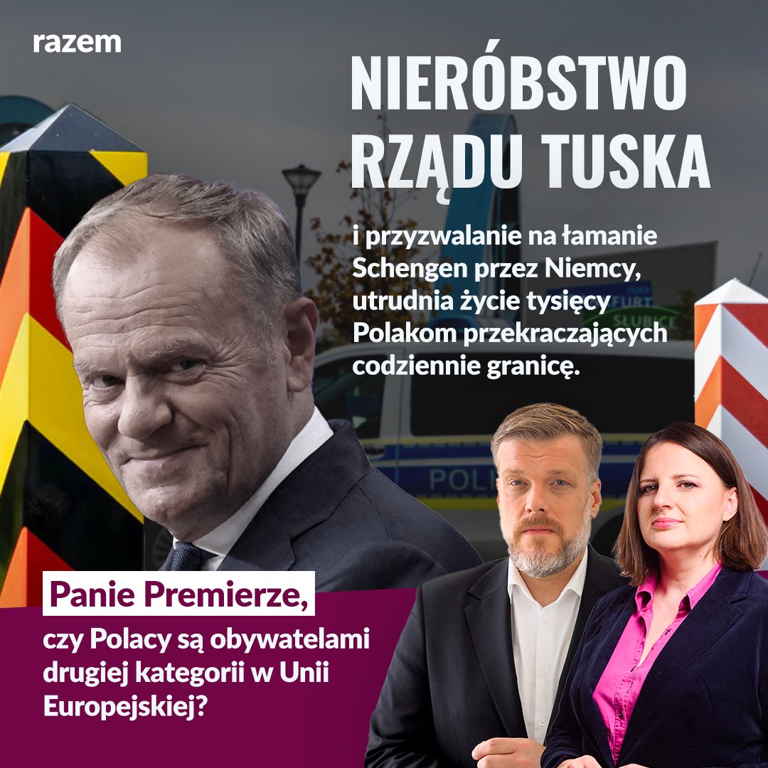 partiarazem's tweet image. Rząd Tuska wciąż bezradny w sprawie łamania Schengen przez Niemcy!
Od wielu miesięcy Niemcy prowadzą kontrole po swojej stronie granicy. Układ z Schengen dopuszcza taką możliwość jedynie w sytuacji bardzo poważnego kryzysu. Strona niemiecka za nic mając postanowienia traktatu,…
