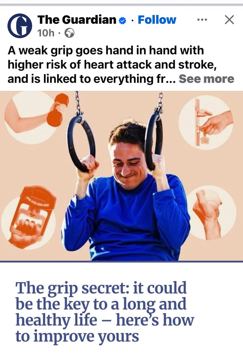 jengleruk's tweet image. Moronic take from @guardian:
Grip strength is correlated with good health, so strengthening it will improve health overall.