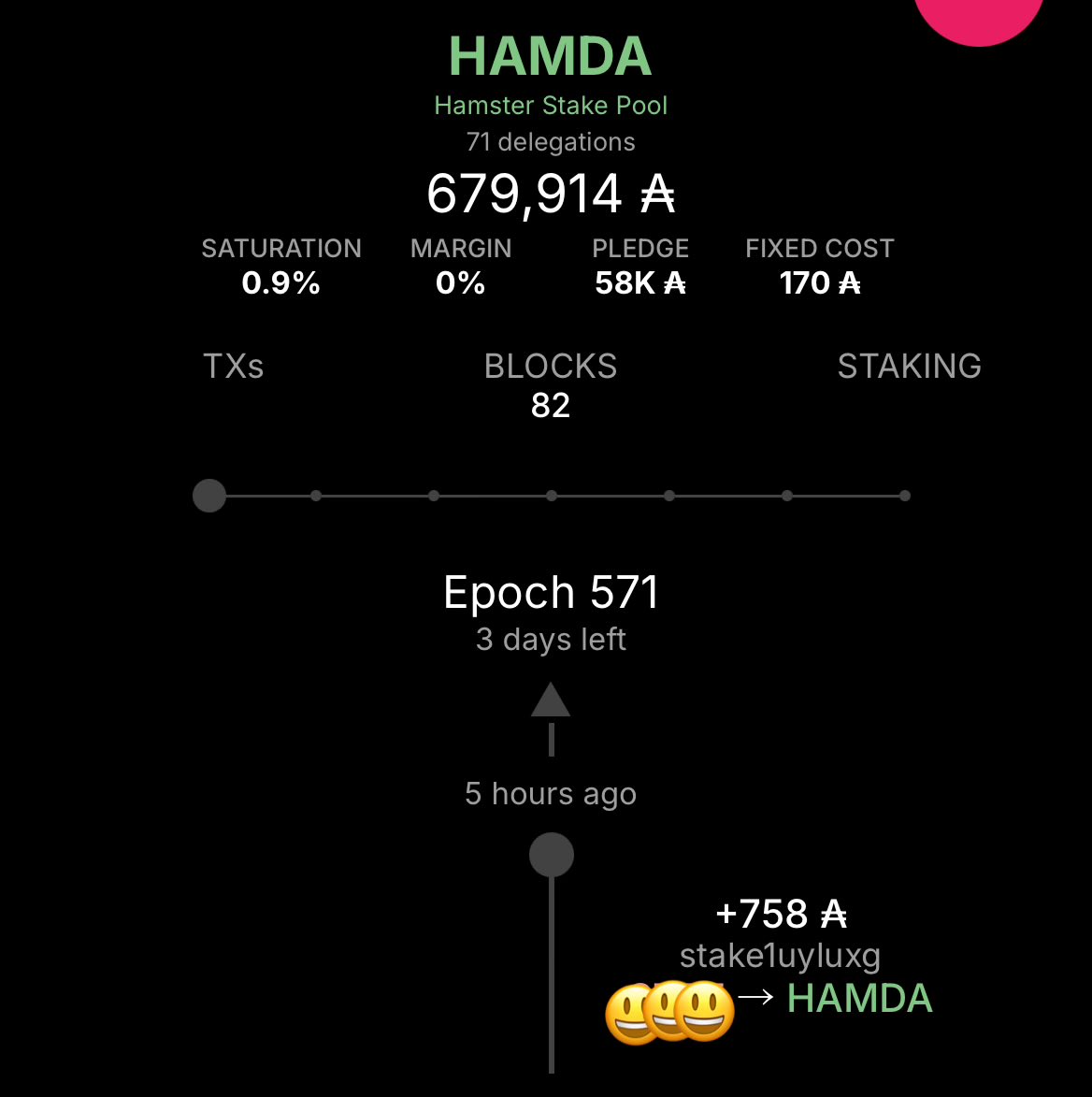 HAMDAStakePool's tweet image. Welcome to Hamster Stake Pool! 🐹
We’re thrilled to have you as part of our staking family.
Your delegation helps strengthen #Cardano decentralization — and we truly appreciate your support.
Let’s build the future of blockchain together!
Warm regards,
The Hamster Stake Pool…