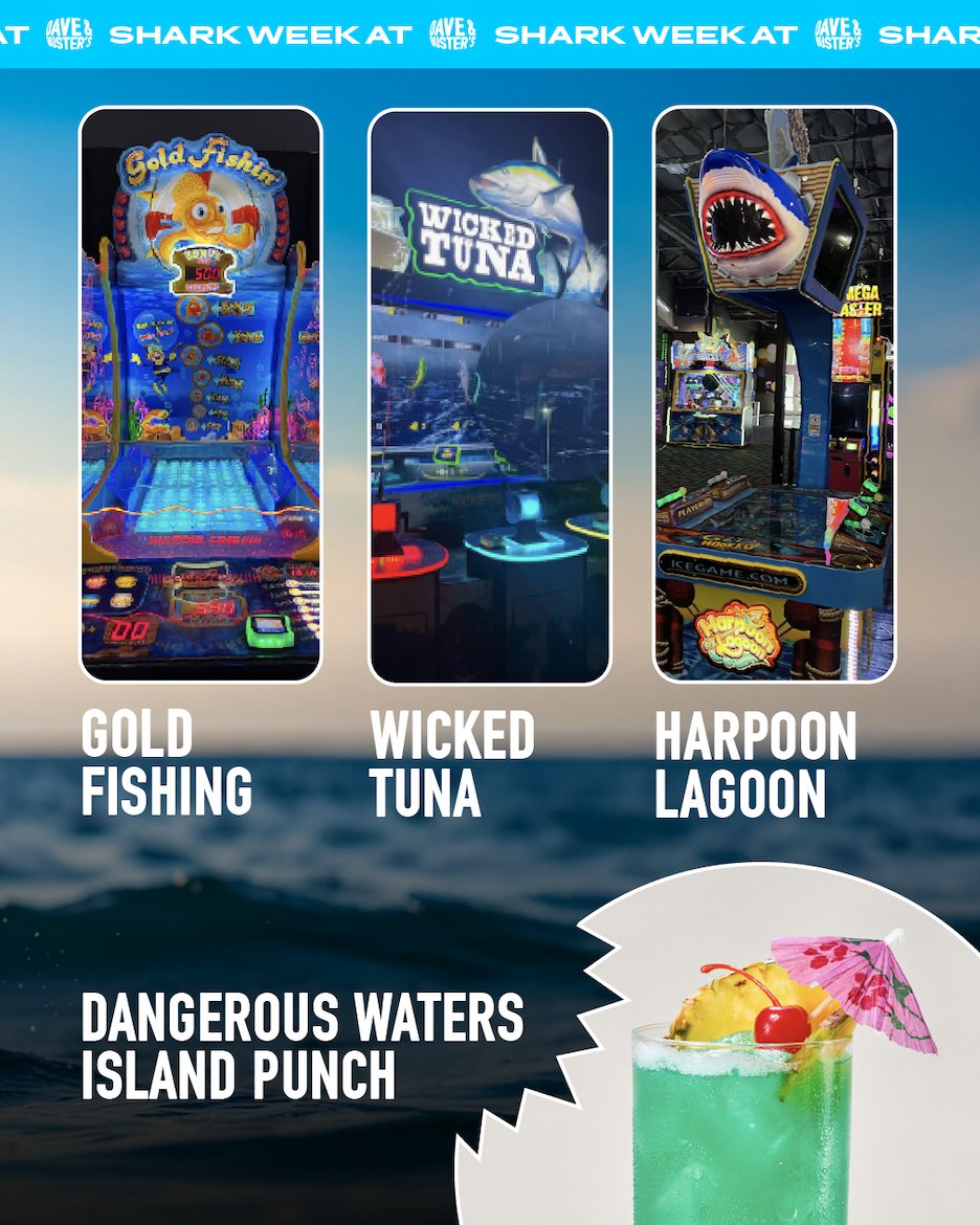 DaveandBusters's tweet image. Don't just watch Shark Week —get hooked at D&B with games and jaws-dropping fun!