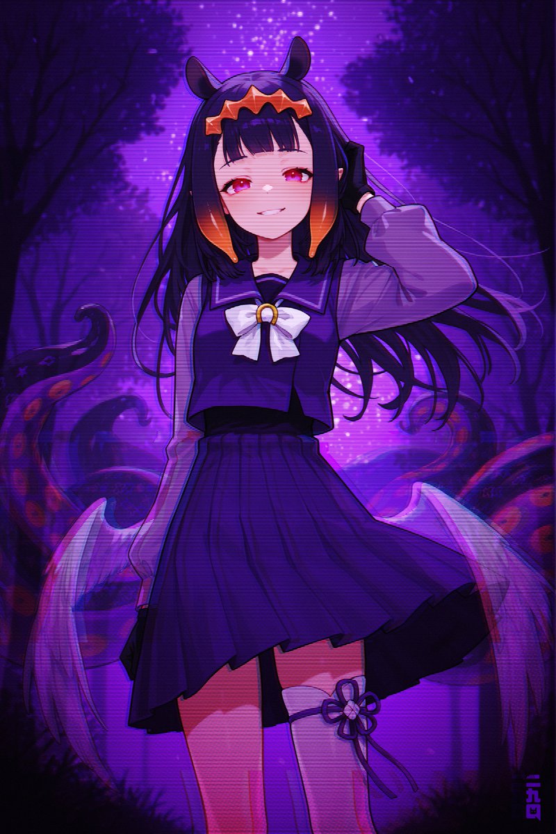 nin29Q's tweet photo. I put more work into it! The glitch and ghost effects really add to the horror vibe of this #Umamusume impostor version of #NinomaeInanis!

#AIイラスト #HololiveEN #Hololive #Cosplay #Parody #ウマ娘 #にのまえいなにす #ホロライブ #コスプレ #パロデイ https://t.co/gYS9d2Gpqo