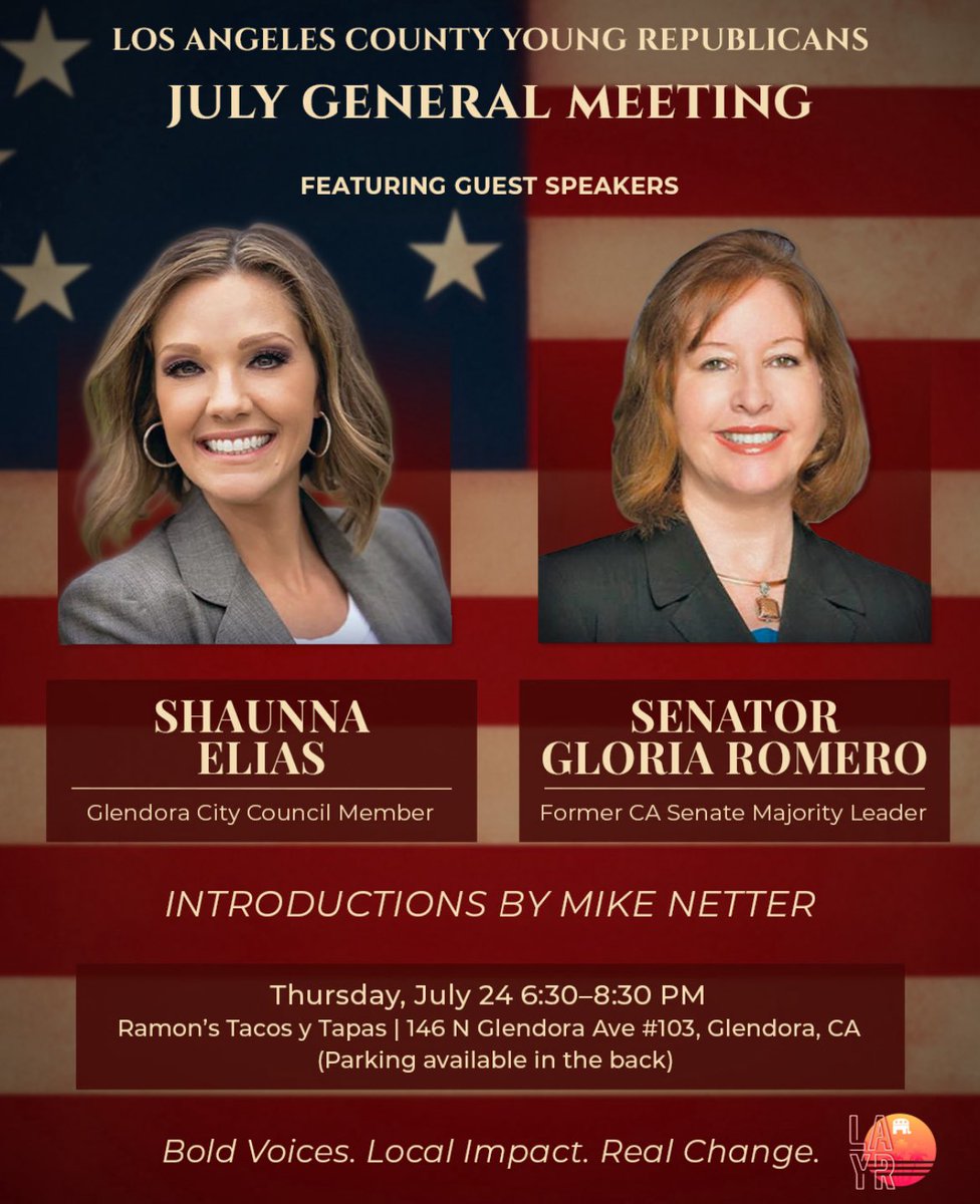 LAC_YR's tweet image. Join us Thursday 7/24 as we hear from Glendora City Councilwoman, Shauna Elias and former CA Senate Majority Leader, @GloriaJRomero. We’re excited to be in the San Gabriel Valley!
RSVP forms.gle/aMX3KtneAhy84i…
Bold voices. Local impact. Real change.