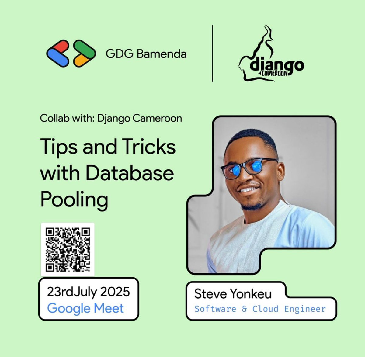 Boost your app's performance! 
 Join GDG Bamenda &amp; <a href="/DjangoCameroon/">Django Cameroon</a> on July 23rd for "Tips &amp; Tricks with Database Pooling" with Steve Yonkeu! 

Register: bit.ly/Database_Pooli…
