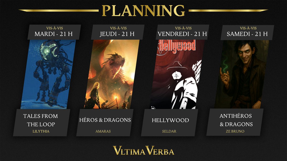 📢 Demandez le programme !
🤖 Mardi - Tales from the Loop avec Lilythia
⚔️ Jeudi - Héros &amp; Dragons avec <a href="/AmarasLGH/">Amaras</a> 
🚬 Vendredi - Hellywood avec Seldar
🗡️ Samedi - Antihéros &amp;Dragons avec Ze Bruno