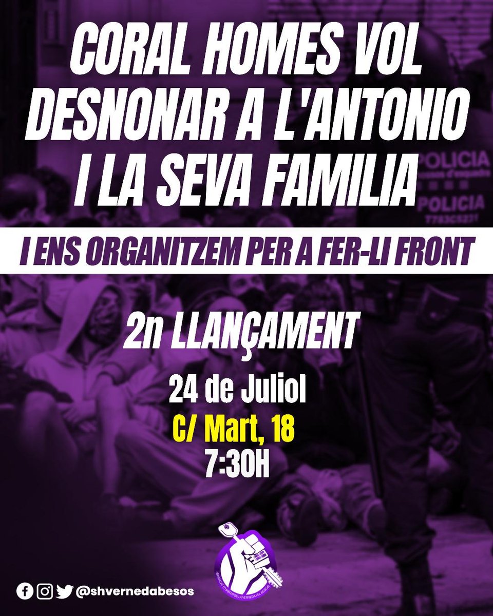 🔴 𝗔𝗟𝗘𝗥𝗧𝗔 𝗗𝗘𝗦𝗡𝗢𝗡𝗔𝗠𝗘𝗡𝗧

El pròxim dijous 24, Coral Homes, vol desnonar a l’Antonio de la casa on ha viscut 23 anys per no poder pagar la hipoteca.

🔥Davant d’aquells que fan negoci de la misèria, plantem cara!

📅24/07
📍C/ Marte, 18 (St. Adrià del Besòs)
⏰7:30H