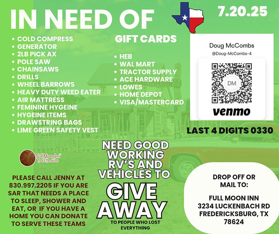 JennyTexas1's tweet image. 🇺🇸SAR we can house you for free! Call (830)997-2205
👩🍳All are welcome to come eat breakfast, dinner, & get supplies:
3234 Luckenbach Road, Fredericksburg, TX
❤️🩹Operation Yay God!🙏🏻 We will post a link soon if you want to sponsor a modular home for a family who lost everything.…