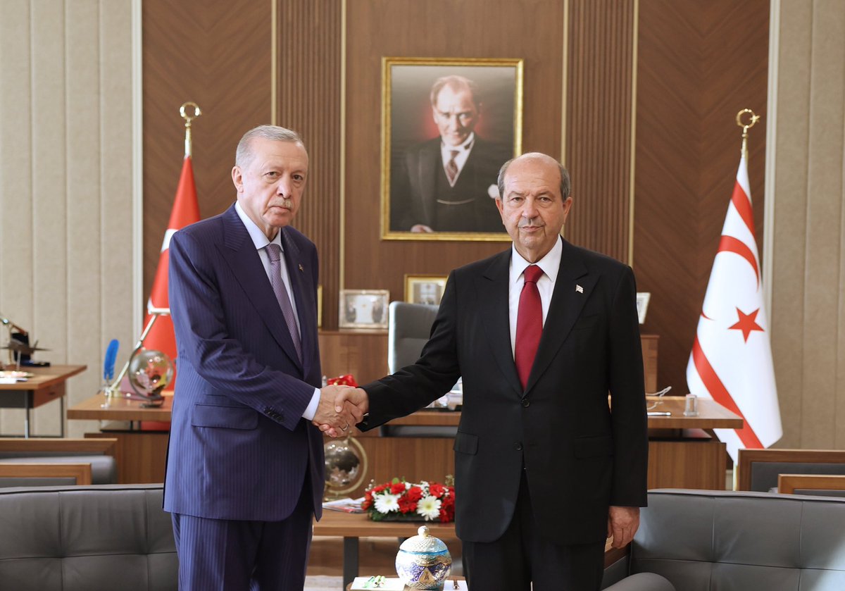 trpresidency's tweet image. President @RTErdogan, who is in the Turkish Republic of Northern Cyprus (TRNC) for the commemorations to be held to mark the Peace and Freedom Day and the 51st Anniversary of the Cyprus Peace Operation, met with TRNC President Ersin Tatar.