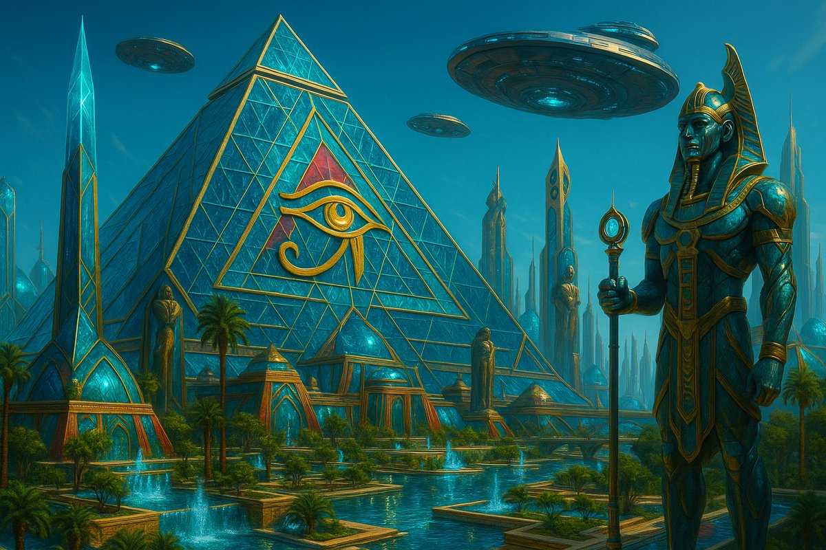 4biddnKnowledge's tweet image. I asked A.I. to create an image of what an advanced ancient civilization like ancient Egypt, its cities and people as it would look like today if they were left to continue advancing into a space faring civilization.