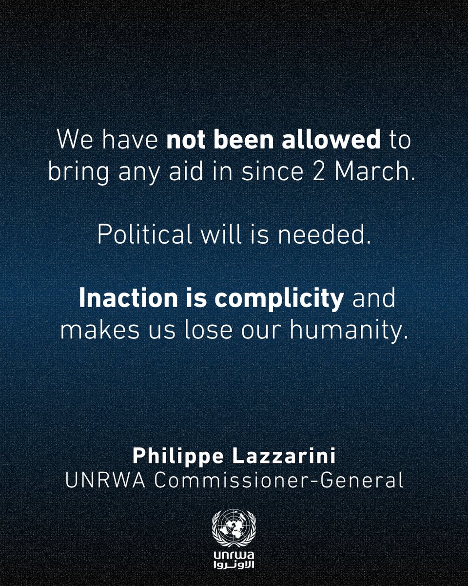 UNRWA's tweet image. “ 'I’ve been searching for something to feed my children but there is nothing.'
Daily 🆘 messages are coming in from our starving UNRWA colleagues, every day.
How can one respond to such messages of despair? Shames me & doubles the sense of helplessness.
All man made, in…