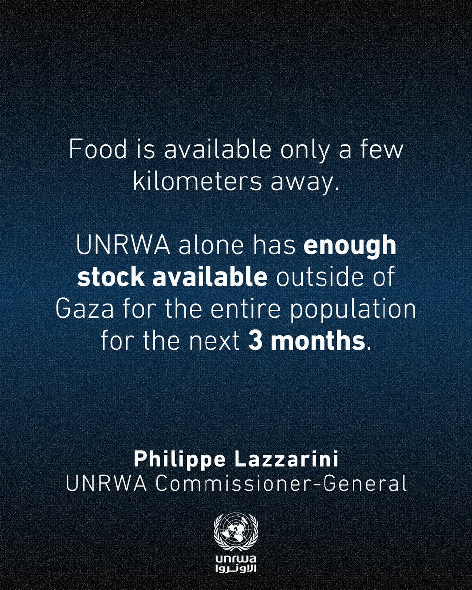 UNRWA's tweet image. “ 'I’ve been searching for something to feed my children but there is nothing.'
Daily 🆘 messages are coming in from our starving UNRWA colleagues, every day.
How can one respond to such messages of despair? Shames me & doubles the sense of helplessness.
All man made, in…
