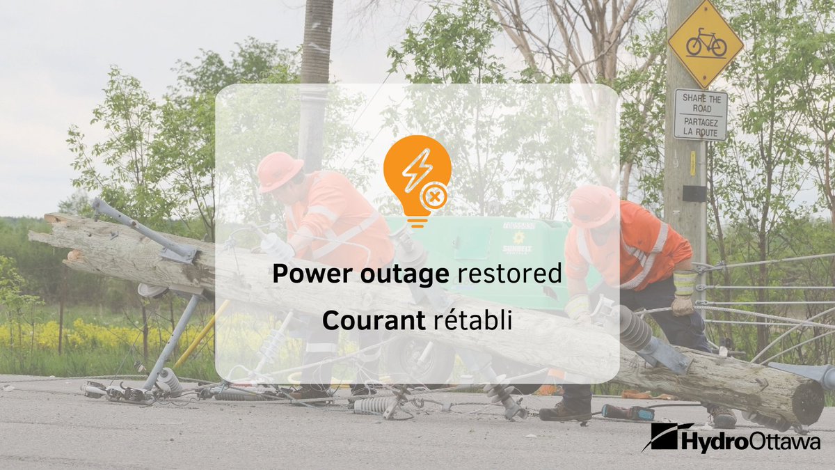 Hydro Ottawa (@hydroottawa) on Twitter photo POWER RESTORED: Power has been restored to most customers impacted by the outage in Boyer, Hunter's Run and Gaultois (Wards 2 & 19). The outage was caused by squirrel interference. Thanks for your patience. #OttawaOutage <a href="/catherinekitts/">Catherine Kitts</a>
COURANT RÉTABLI: Le courant a été rétabli POWER RESTORED: Power has been restored to most customers impacted by the outage in Boyer, Hunter's Run and Gaultois (Wards 2 & 19). The outage was caused by squirrel interference. Thanks for your patience. #OttawaOutage <a href="/catherinekitts/">Catherine Kitts</a>
COURANT RÉTABLI: Le courant a été rétabli