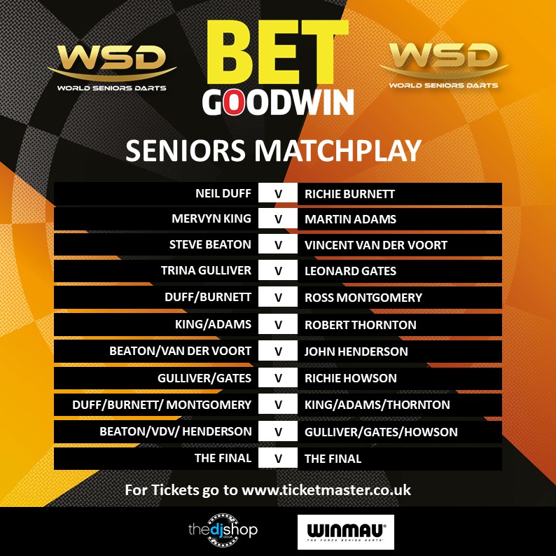 SeniorsDarts's tweet image. The BetGoodwin Seniors Darts Matchplay draw is done, and here are the matches to look forward to!
Who will lift the trophy in Epsom?
Get your tickets here:
bit.ly/4kFAxby
@betgoodwinuk
@Winmau
@THEDJSHOP
@Darts_World
@BBCSport