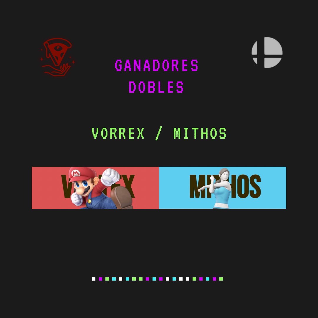 Kazzet_pizzas's tweet image. Felicidades a los ganadores del side event
🏆 @MithosWFT / @vorteX_ssbu
Y felicidades al ganador del Amateur 🤠
🎖️BIGSHOT!
Underdog (Jugadores que lograron vencer sus limites con base a seed) 😲
🙀@J3F33M1 (+6)
¡Hasta la próxima! ✨🐈⬛
