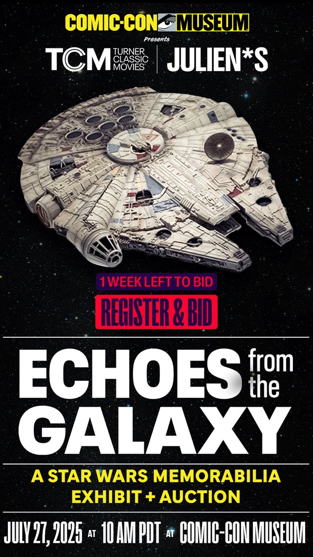 TheSagaMuseum's tweet image. 1 week left to register and bid in @JuliensAuctions ECHOES from the GALAXY Star Wars memorabilia auction! The founding Saga Museum collectors have contributed over 190 items from their collections to this auction 👀. Register & bid now: juliensauctions.com/en/auctions/ec… #StarWars