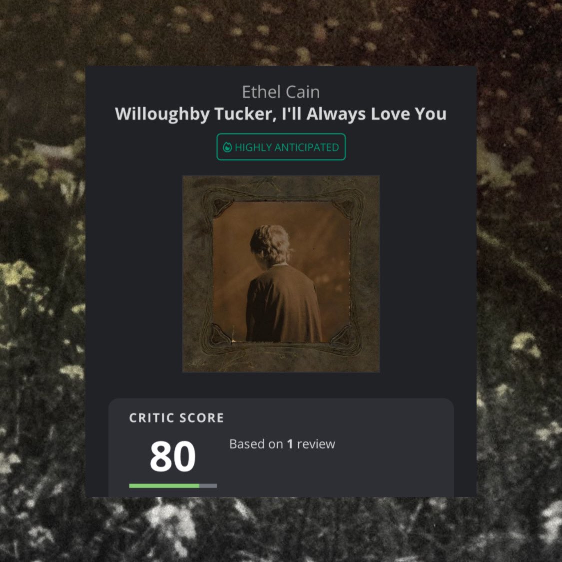 ethelcaindata's tweet image. “Willoughby Tucker, I’ll Always Love You” by Ethel Cain receives its first critic review:
Uncut Magazine — 80/100