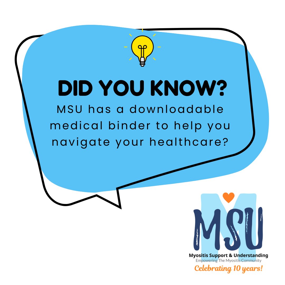 Myositis Support and Understanding (MSU) (@myositissupport) on Twitter photo Living with Myositis? Stay organized with MSU’s FREE Medical Binder! Our downloadable, editable PDF binder is designed to help you track:
understandingmyositis.org/downloads/ Print it out for your next appt or fill it in digitally! Living with Myositis? Stay organized with MSU’s FREE Medical Binder! Our downloadable, editable PDF binder is designed to help you track:
understandingmyositis.org/downloads/ Print it out for your next appt or fill it in digitally!