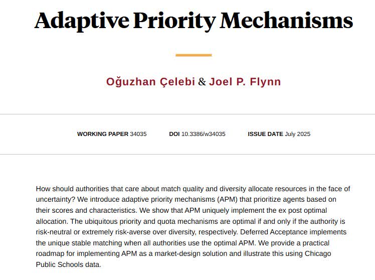 nberpubs's tweet image. Studying how authorities should allocate resources under uncertainty finds that adaptive priority mechanisms implement the optimal allocation, dominating priority and quota policies, from Oğuzhan Çelebi and @joel_flynn nber.org/papers/w34035