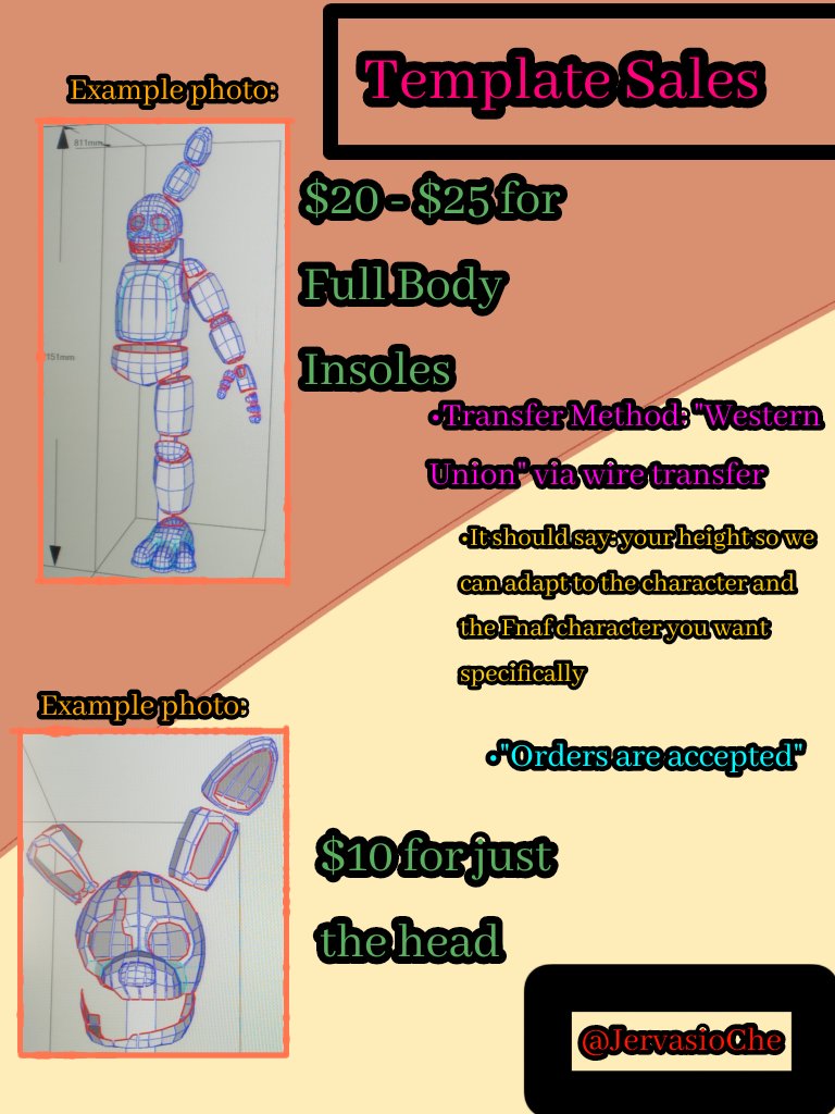 JervasioChe's tweet image. You'll have to contact me privately about the templates. I also forgot to mention that you can also pay through the "belo" app.
#FNAF #FNAFMOVIE #fnafmovie2 #fnaf2movie #Yellowrabbit #springbonnie #williamafton #pepakura #blender #metasequoia #foamtemplates #Foampatterns
Eng/Esp