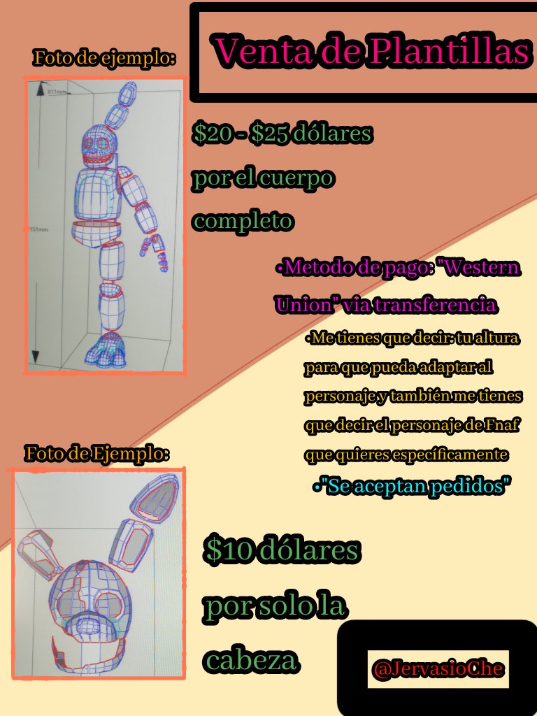 JervasioChe's tweet image. You'll have to contact me privately about the templates. I also forgot to mention that you can also pay through the "belo" app.
#FNAF #FNAFMOVIE #fnafmovie2 #fnaf2movie #Yellowrabbit #springbonnie #williamafton #pepakura #blender #metasequoia #foamtemplates #Foampatterns
Eng/Esp