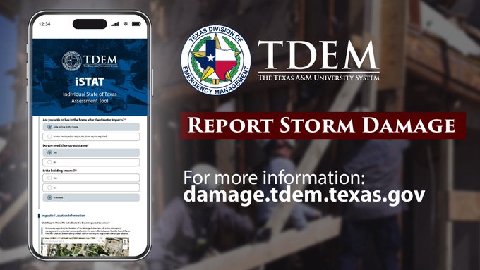 TexasTDI's tweet image. Report storm property damage online to @TDEM at damage.tdem.texas.gov.
This helps officials assess damage, support recovery efforts, and determine the state’s eligibility for various forms of federal disaster assistance. #txwx