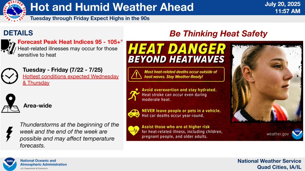 NWSQuadCities's tweet image. Tuesday through Friday, we expect high temperatures in the 90s. Heat indices from 95F-105F+ are possible especially Wednesday and Thursday. Thunderstorms at the beginning of the week and the end of the week are possible and may affect temperature forecasts.