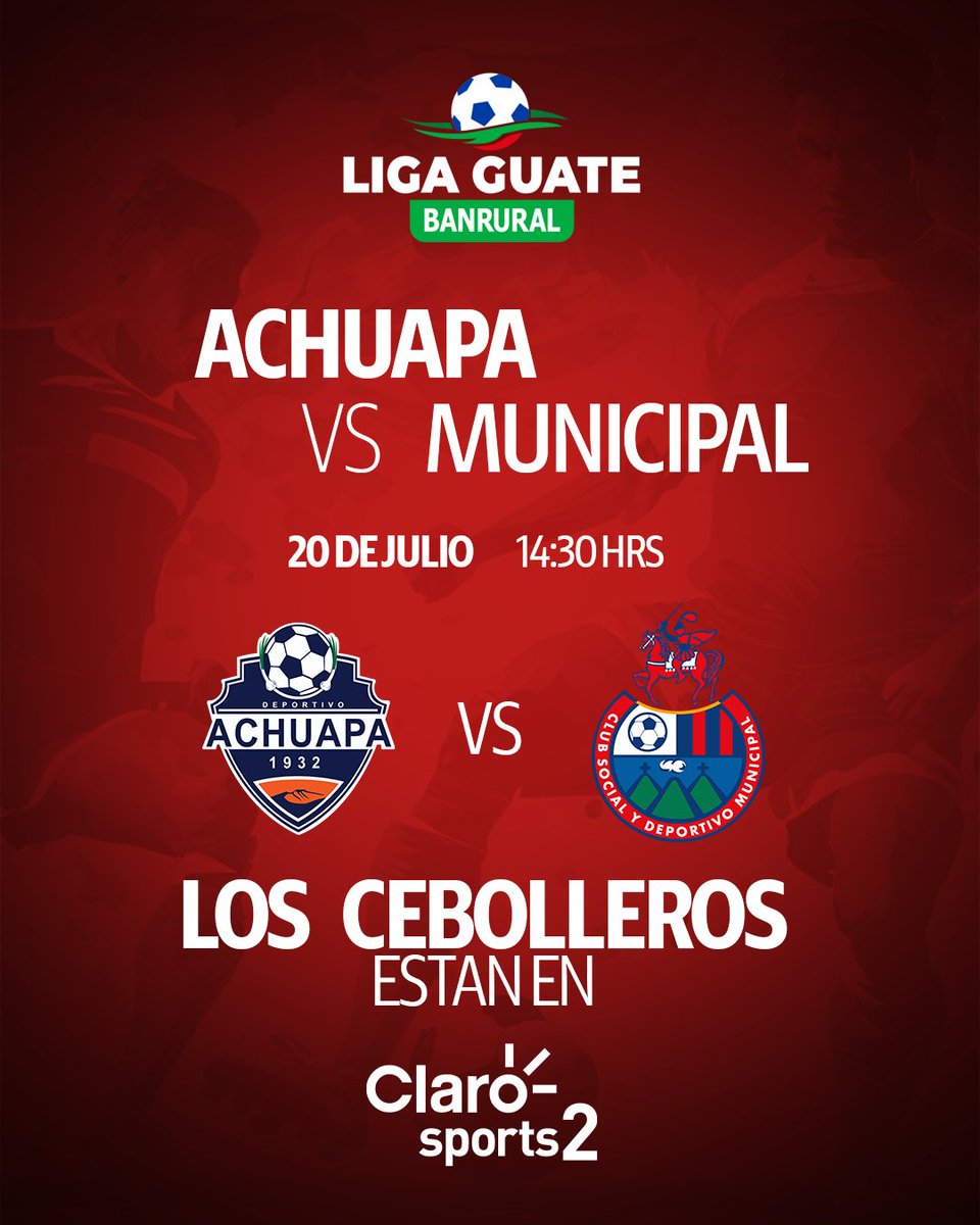 🔥 ¡SE JUEGA CON TODO EN LA LIGA GUATE! 🇬🇹⚽️

Los Cebolleros están listos para defender su casa en un duelo vibrante ante Municipal.
Este 20 de julio a las 14:30 hrs, no te pierdas el partidazo desde el corazón de la Liga Guate.

📺 Vívelo en vivo por Claro Sports 2