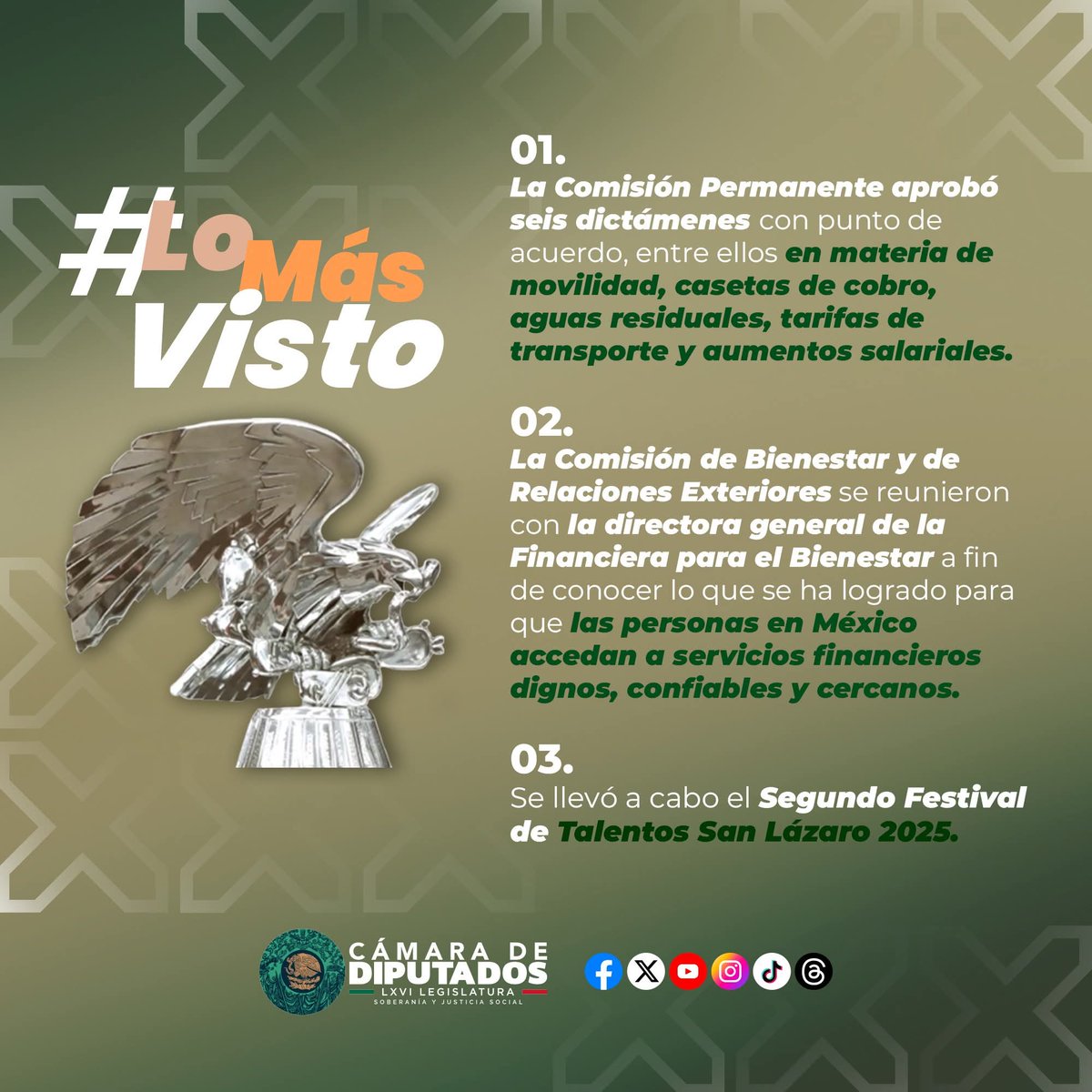 Mx_Diputados's tweet image. 🔝 #LoMásVisto | Termina la semana bien 📰 informado.
📋Aquí te presentamos una lista con los temas que más sonaron en la Cámara de Diputados.
#ComisiónPermanente #ArteEnSanLázaro #Bienestar