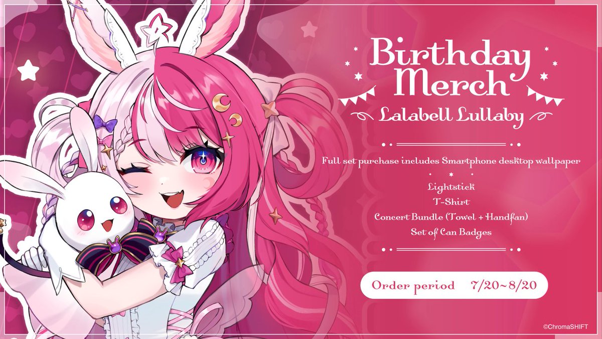 ChromaSHIFT_BUS's tweet image. 🎂It's a special day for @LalabellLullaby and her Teruruns! 🎂
To celebrate, we've worked with Lala to put together some really cute merch!
On offer:
- Lalabell Lightstick
- T-Shirt
- Concert Bundle (Towel & Handfan)
- A Set of Can Badges
Order Period lasts until 11:59PM PDT…